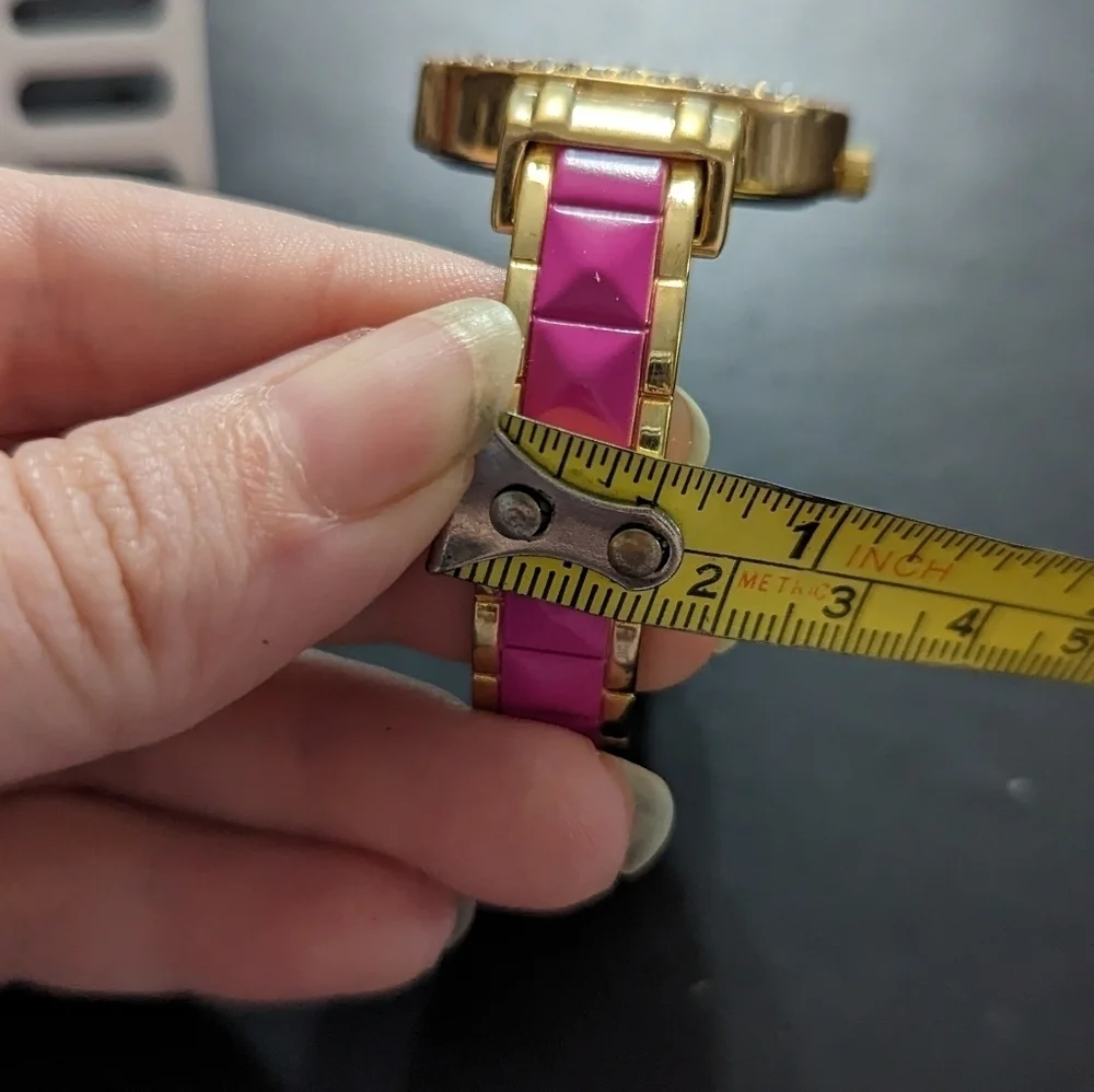 GENEVA Pink Gold Tone Clear Rhinestone Accent Pyramid Stud Cuff Fashion Watch
